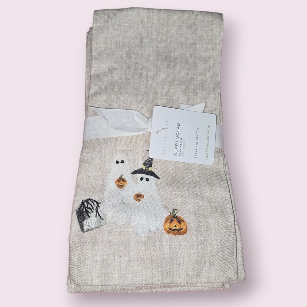 Pottery Barn Halloween Scary Squad Organic Cotton Napkins Set of 4 Ghosts Spooky